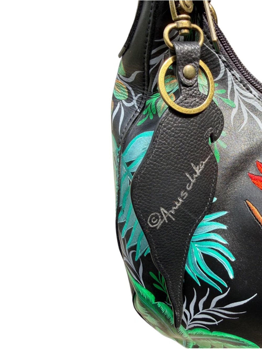 Anuschka Macaw Forest Painted & Embroidered Hobo Bag w/ Macaw Bag Charm - Picture 6 of 11